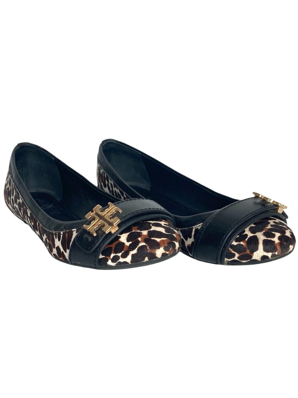 Tory Burch Eloise Black Leather & Leopard Print Cap-Toe Ballet Flats